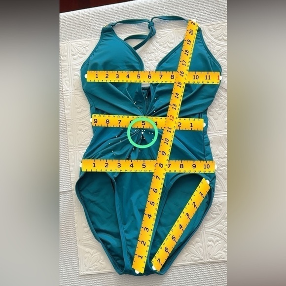 La Blanca One Piece Swimsuit Halter Twist Knot Front Mesh Inserts 4 Peacock 5025 - Picture 4 of 14